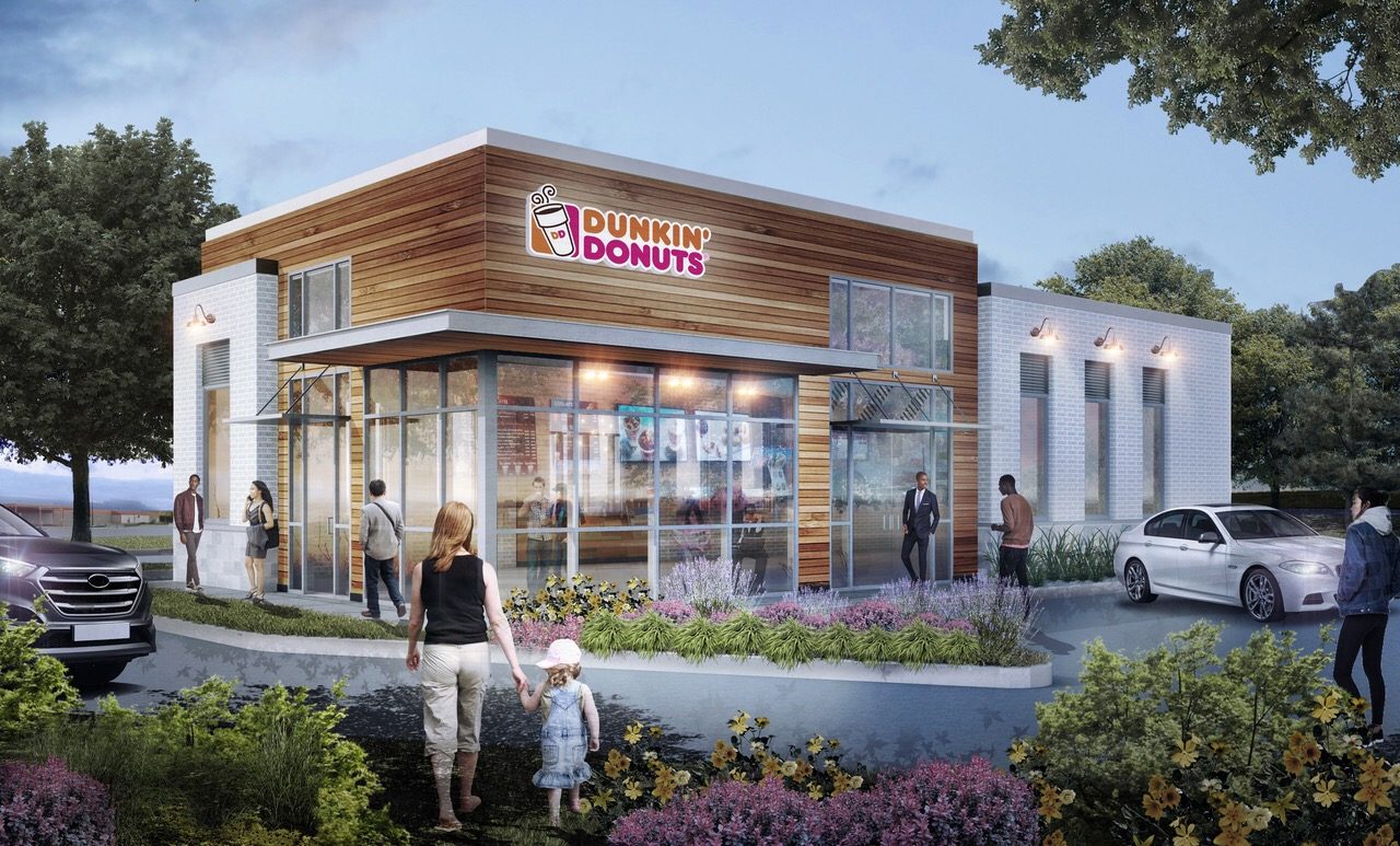 Rendering of a standalone coffee shop with wood siding