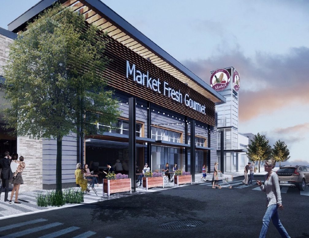 Rendering of a gourmet market with outdoor seating