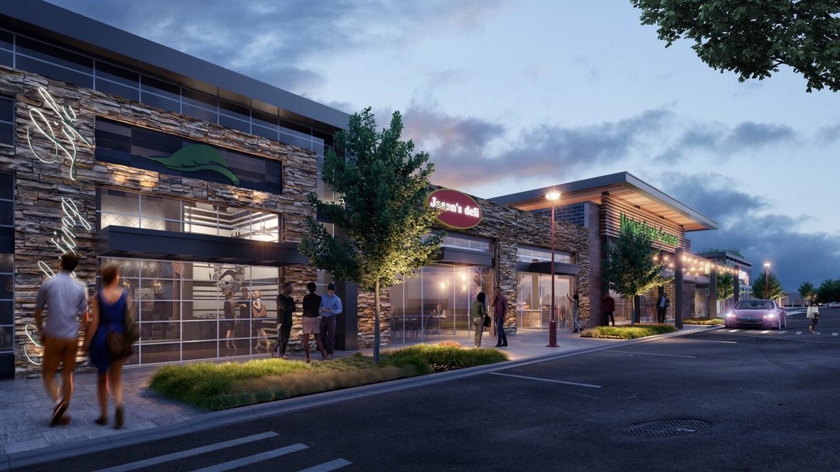 Rendering of a row of restaurants with stone facades at night