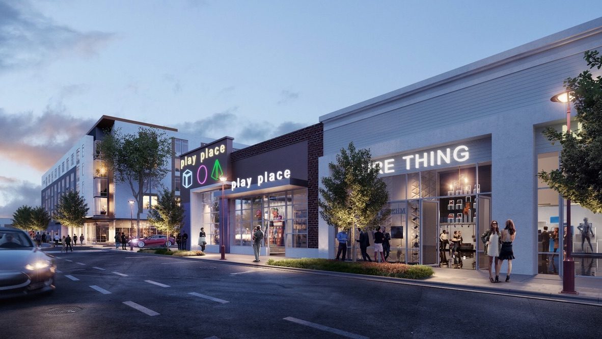 Rendering of a retail street with illuminated storefronts