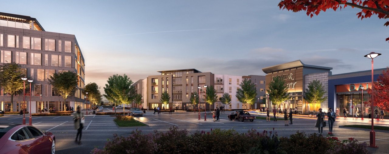Rendering of a mixed-use town center with apartments and retail